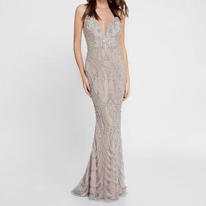 Terani Couture Fully Beaded Silver Taupe Dress